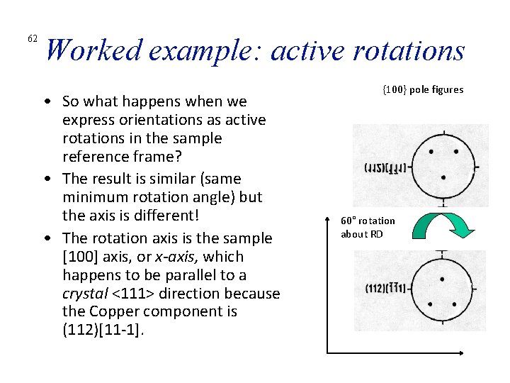 62 Worked example: active rotations • So what happens when we express orientations as