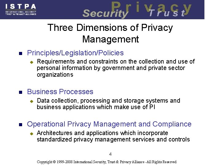 Three Dimensions of Privacy Management n Principles/Legislation/Policies u n Business Processes u n Requirements