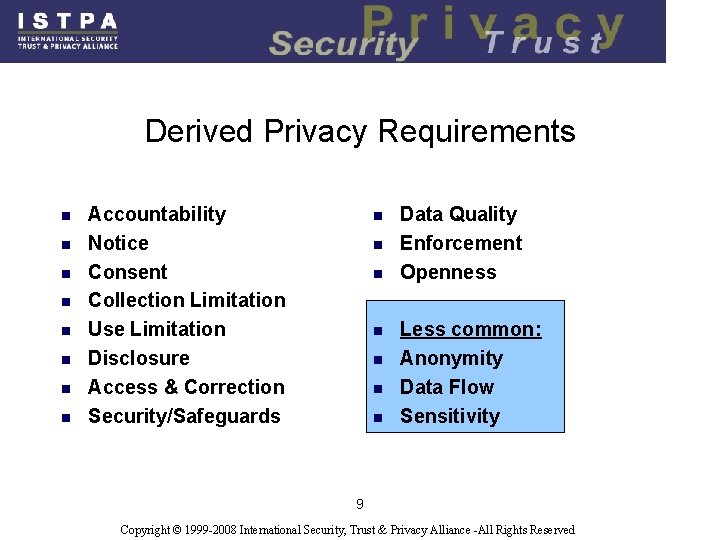 Derived Privacy Requirements n n n n Accountability Notice Consent Collection Limitation Use Limitation