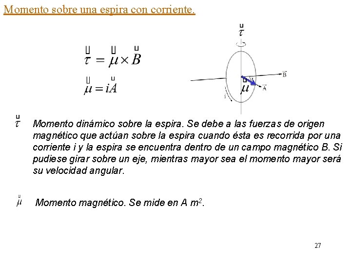 Momento sobre una espira con corriente. Momento dinámico sobre la espira. Se debe a Momento sobre una espira con corriente. Momento dinámico sobre la espira. Se debe a