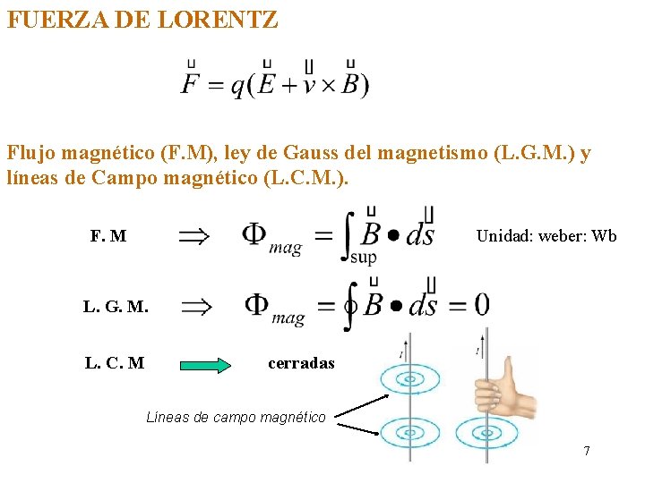 FUERZA DE LORENTZ Flujo magnético (F. M), ley de Gauss del magnetismo (L. G. FUERZA DE LORENTZ Flujo magnético (F. M), ley de Gauss del magnetismo (L. G.
