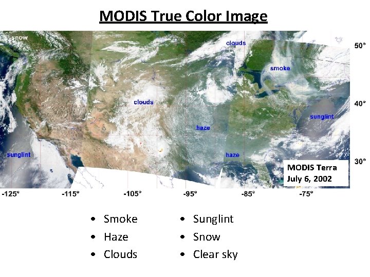 MODIS True Color Image MODIS Terra July 6, 2002 • Smoke • Haze • MODIS True Color Image MODIS Terra July 6, 2002 • Smoke • Haze •
