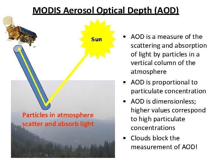 MODIS Aerosol Optical Depth (AOD) Sun Particles in atmosphere scatter and absorb light • MODIS Aerosol Optical Depth (AOD) Sun Particles in atmosphere scatter and absorb light •