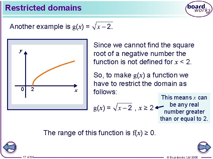 Restricted domains Another example is g(x) = Since we cannot find the square root