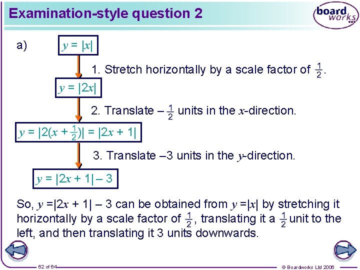 Examination-style question 2 y = |x| a) 1. Stretch horizontally by a scale factor