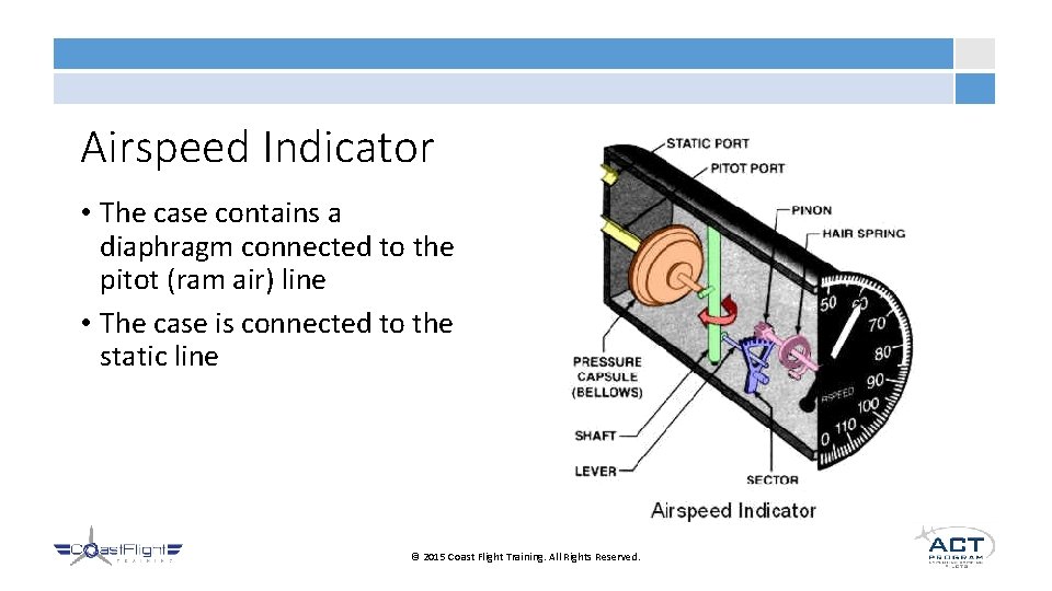 Airspeed Indicator • The case contains a diaphragm connected to the pitot (ram air)