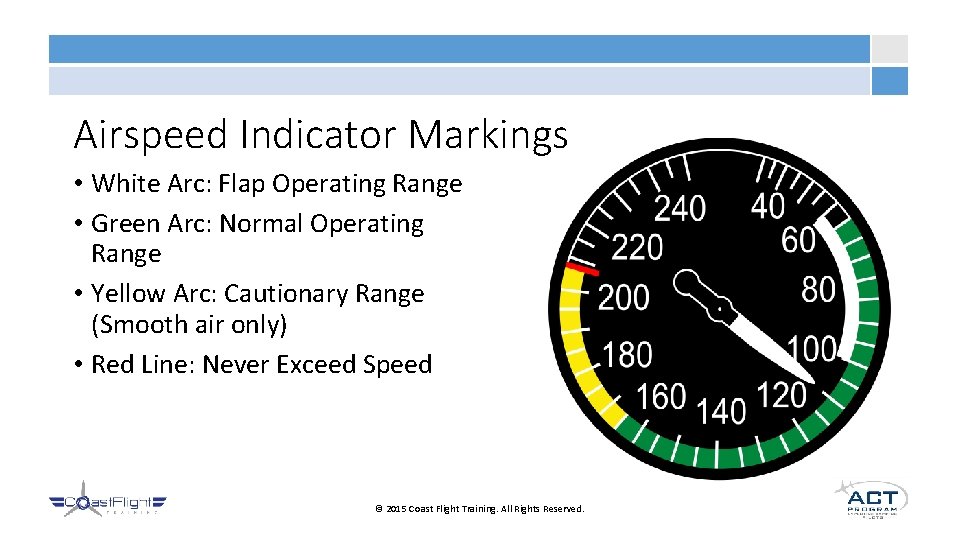 Airspeed Indicator Markings • White Arc: Flap Operating Range • Green Arc: Normal Operating