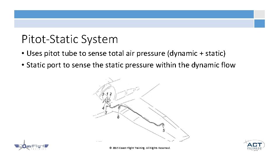 Pitot-Static System • Uses pitot tube to sense total air pressure (dynamic + static)