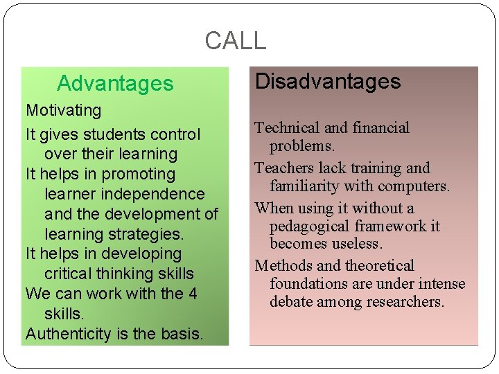 CALL Advantages Motivating It gives students control over their learning It helps in promoting