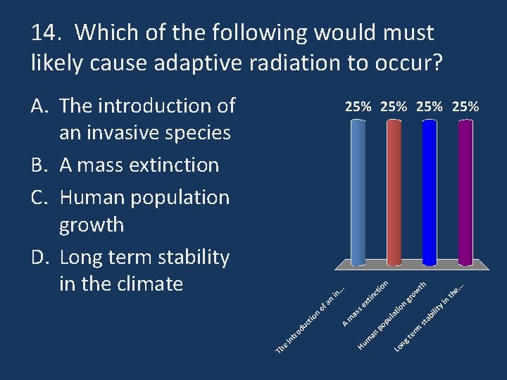 14. Which of the following would must likely cause adaptive radiation to occur? A.