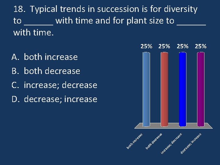 18. Typical trends in succession is for diversity to ______ with time and for