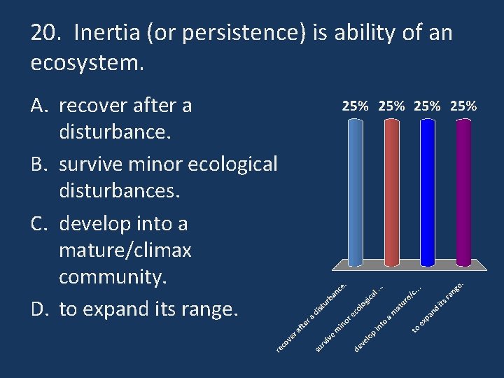 20. Inertia (or persistence) is ability of an ecosystem. A. recover after a disturbance.