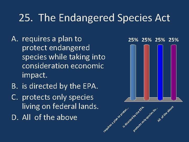 25. The Endangered Species Act A. requires a plan to protect endangered species while