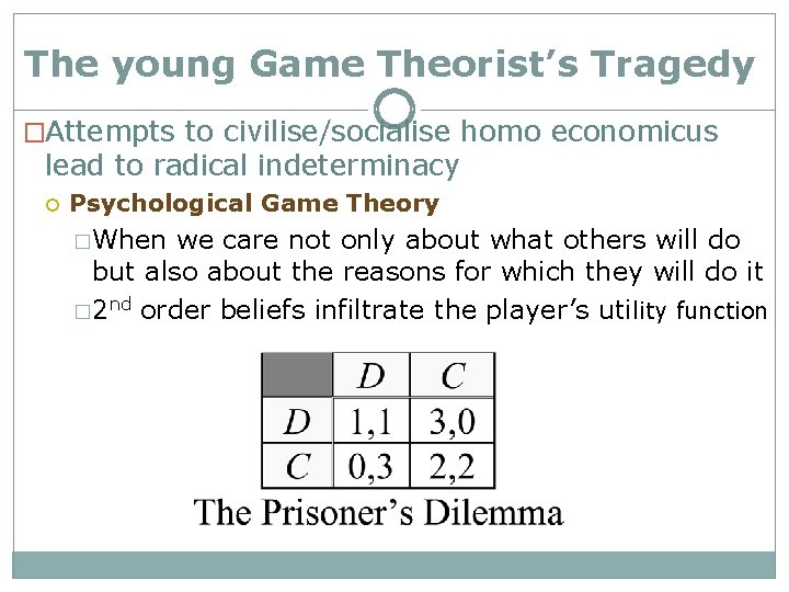 The young Game Theorist’s Tragedy �Attempts to civilise/socialise homo economicus lead to radical indeterminacy