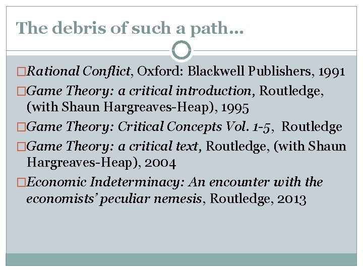 The debris of such a path… �Rational Conflict, Oxford: Blackwell Publishers, 1991 �Game Theory: