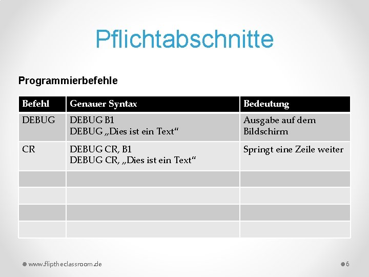 Pflichtabschnitte Programmierbefehle Befehl Genauer Syntax Bedeutung DEBUG B 1 DEBUG „Dies ist ein Text“