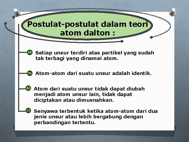 Postulat-postulat dalam teori atom dalton : 1 Setiap unsur terdiri atas partikel yang sudah