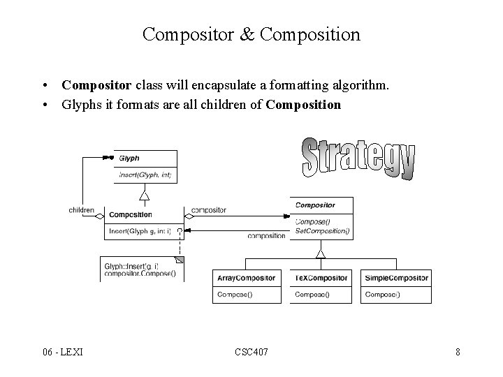 Compositor & Composition • Compositor class will encapsulate a formatting algorithm. • Glyphs it