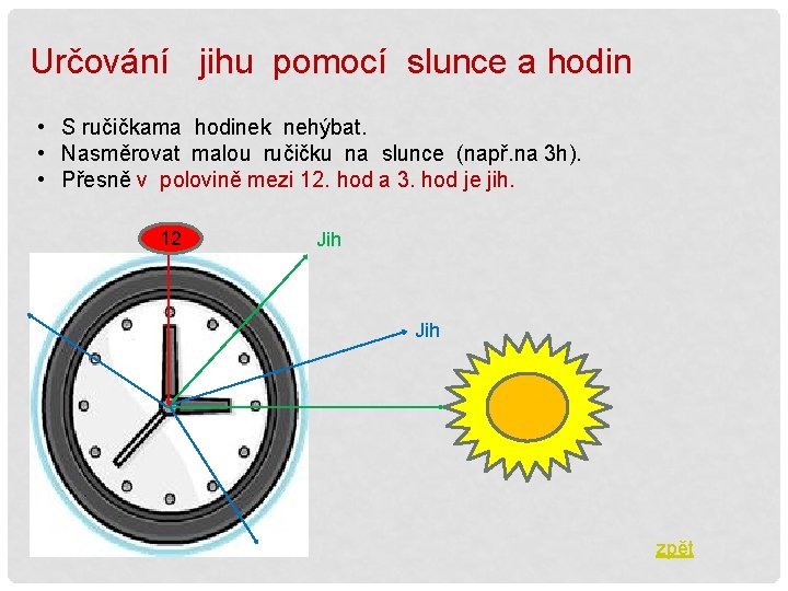 Určování jihu pomocí slunce a hodin • S ručičkama hodinek nehýbat. • Nasměrovat malou