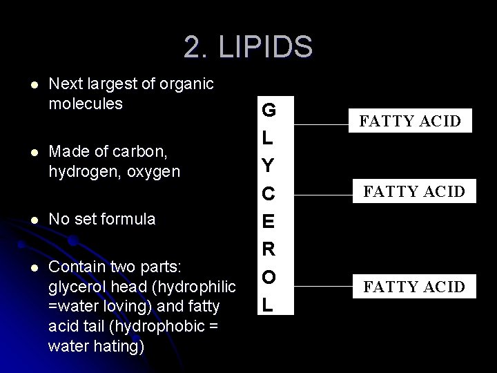 2. LIPIDS l l Next largest of organic molecules Made of carbon, hydrogen, oxygen
