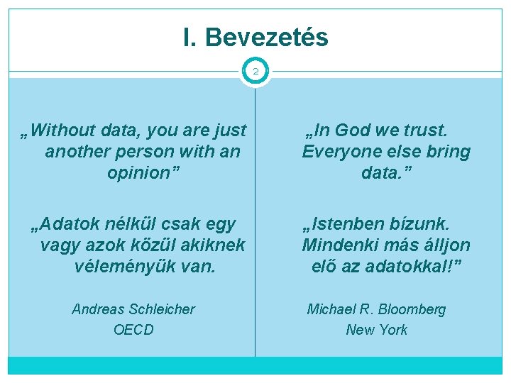 I. Bevezetés 2 „Without data, you are just another person with an opinion” „In