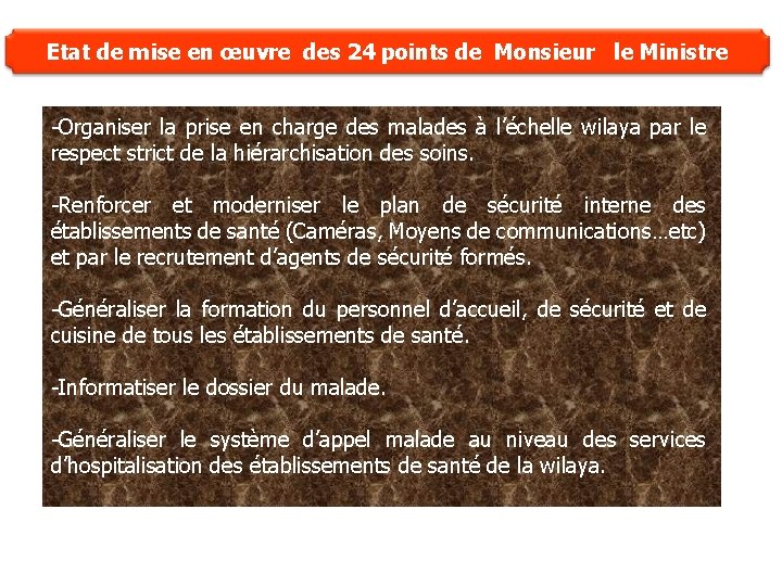 Etat de mise en œuvre des 24 points de Monsieur le Ministre -Organiser la