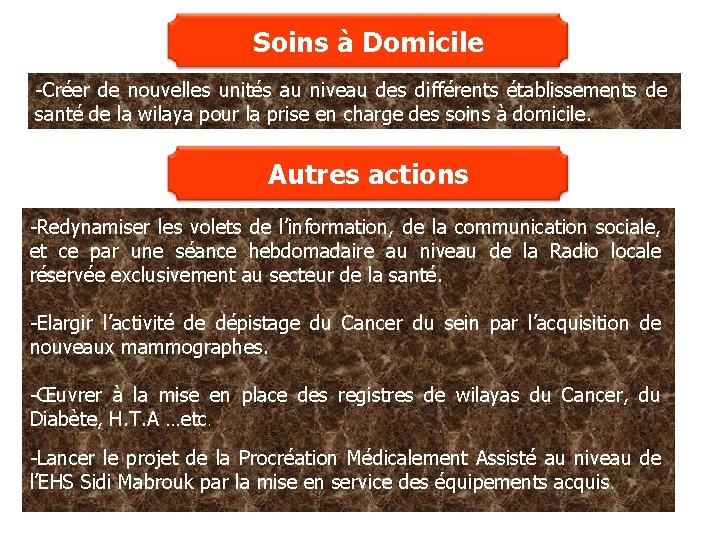 Soins à Domicile -Créer de nouvelles unités au niveau des différents établissements de santé