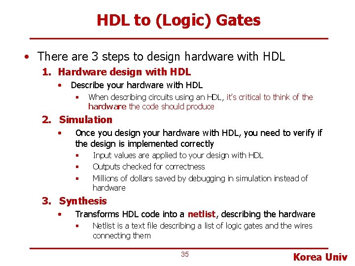 HDL to (Logic) Gates • There are 3 steps to design hardware with HDL