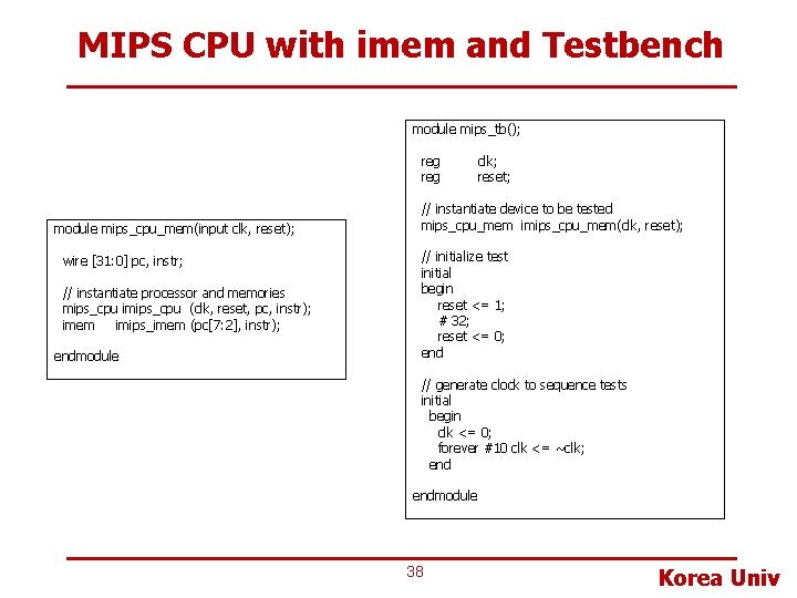 MIPS CPU with imem and Testbench module mips_tb(); reg module mips_cpu_mem(input clk, reset); wire