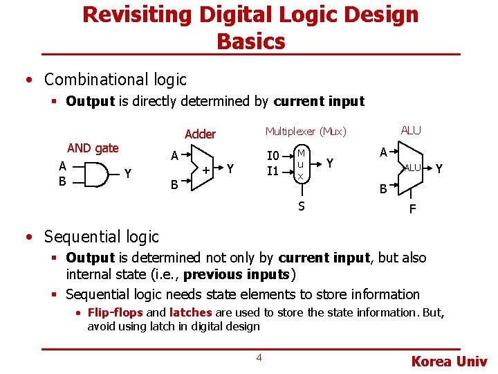 Revisiting Digital Logic Design Basics • Combinational logic § Output is directly determined by