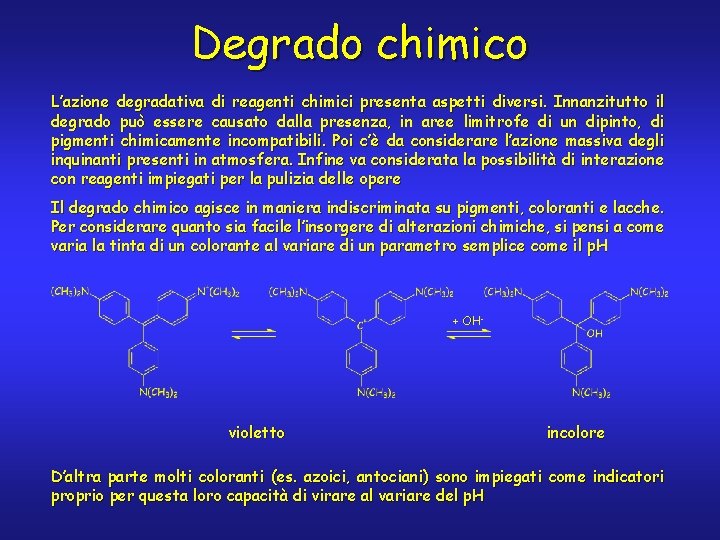 Degrado chimico L’azione degradativa di reagenti chimici presenta aspetti diversi. Innanzitutto il degrado può