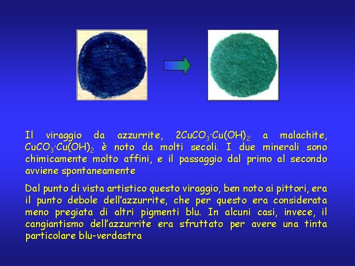 Il viraggio da azzurrite, 2 Cu. CO 3·Cu(OH)2 a malachite, Cu. CO 3·Cu(OH)2 è