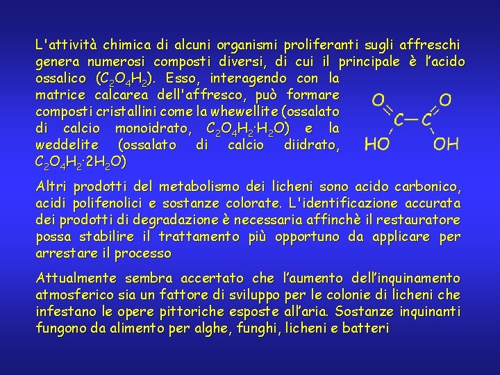 L'attività chimica di alcuni organismi proliferanti sugli affreschi genera numerosi composti diversi, di cui