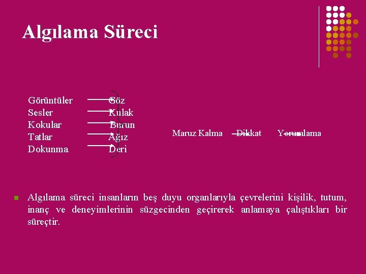 Algılama Süreci Görüntüler Göz Sesler Kulak Kokular Burun Tatlar Ağız Dokunma Deri n Maruz Algılama Süreci Görüntüler Göz Sesler Kulak Kokular Burun Tatlar Ağız Dokunma Deri n Maruz