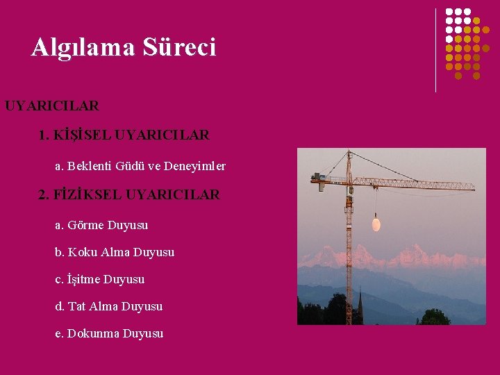 Algılama Süreci UYARICILAR 1. KİŞİSEL UYARICILAR a. Beklenti Güdü ve Deneyimler 2. FİZİKSEL UYARICILAR