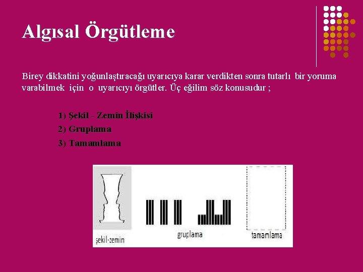 Algısal Örgütleme Birey dikkatini yoğunlaştıracağı uyarıcıya karar verdikten sonra tutarlı bir yoruma varabilmek için