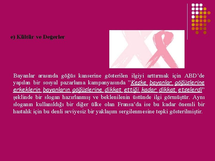 e) Kültür ve Değerler Bayanlar arasında göğüs kanserine gösterilen ilgiyi arttırmak için ABD’de yapılan