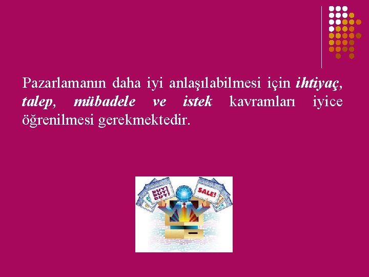 Pazarlamanın daha iyi anlaşılabilmesi için ihtiyaç, talep, mübadele ve istek kavramları iyice öğrenilmesi gerekmektedir.