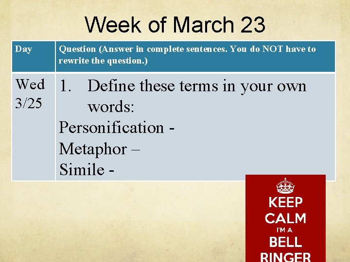 Week of March 23 Day Question (Answer in complete sentences. You do NOT have Week of March 23 Day Question (Answer in complete sentences. You do NOT have