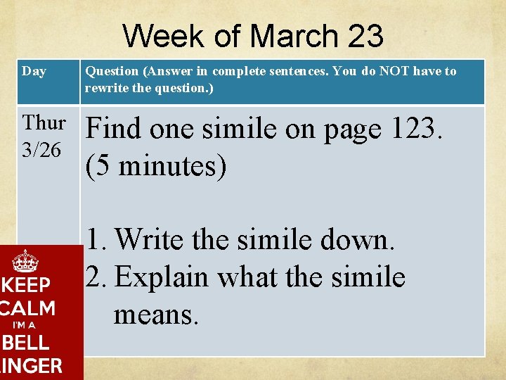 Week of March 23 Day Question (Answer in complete sentences. You do NOT have Week of March 23 Day Question (Answer in complete sentences. You do NOT have