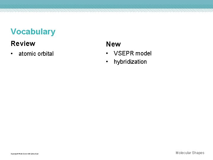 Vocabulary Review New • atomic orbital • VSEPR model • hybridization Copyright © Mc.