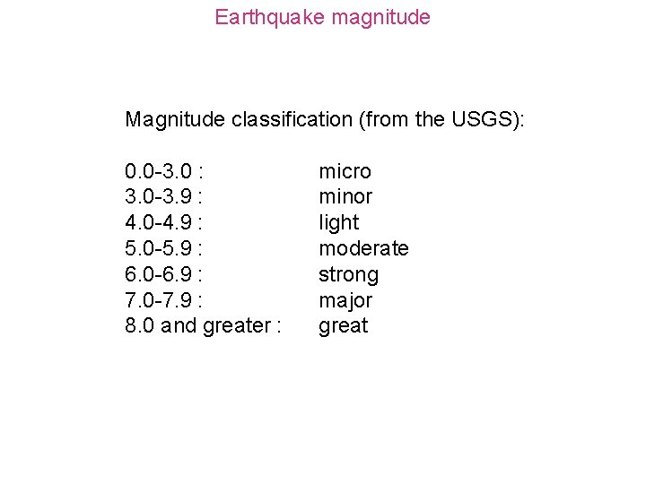 Earthquake magnitude Magnitude classification (from the USGS): 0. 0 -3. 0 : 3. 0