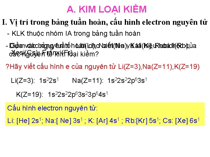 A. KIM LOẠI KIỀM I. Vị trí trong bảng tuần hoàn, cấu hình electron