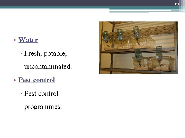 19 • Water ▫ Fresh, potable, uncontaminated. • Pest control ▫ Pest control programmes.