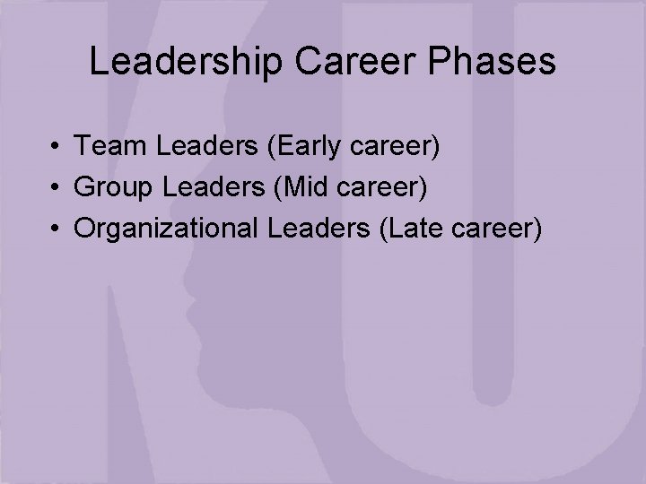 Leadership Career Phases • Team Leaders (Early career) • Group Leaders (Mid career) •