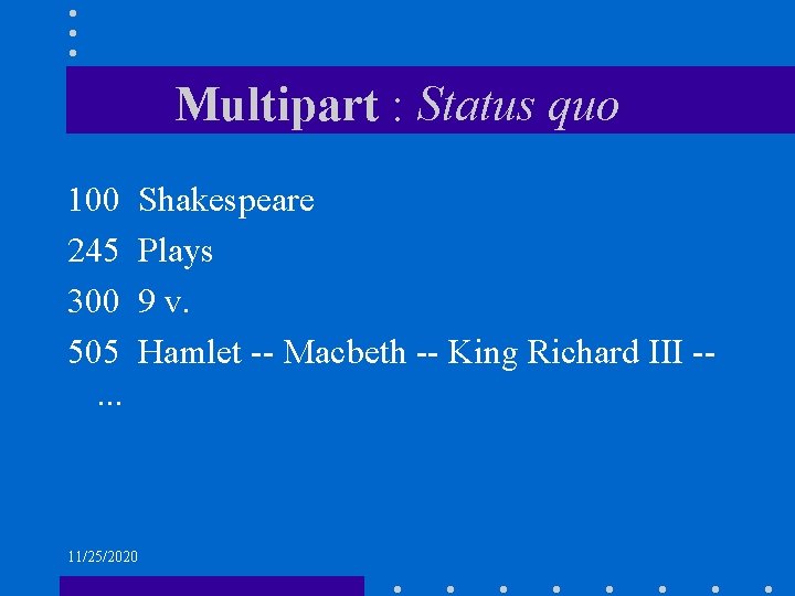 Multipart : Status quo 100 245 300 505. . . 11/25/2020 Shakespeare Plays 9