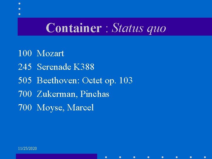 Container : Status quo 100 245 505 700 11/25/2020 Mozart Serenade K 388 Beethoven: