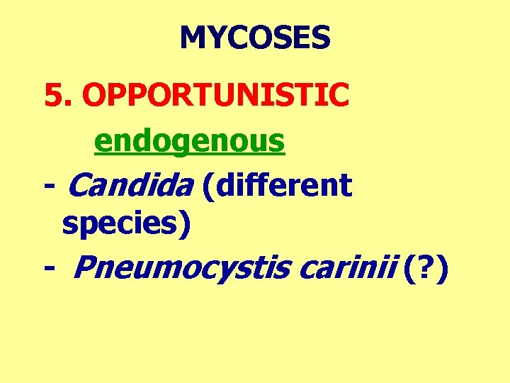 MYCOSES 5. OPPORTUNISTIC endogenous - Candida (different species) - Pneumocystis carinii (? ) 