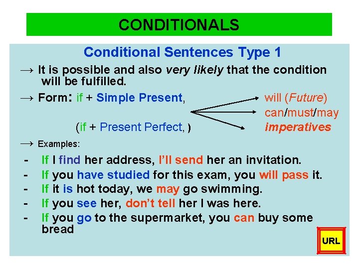 CONDITIONALS Conditional Sentences Type 1 → It is possible and also very likely that