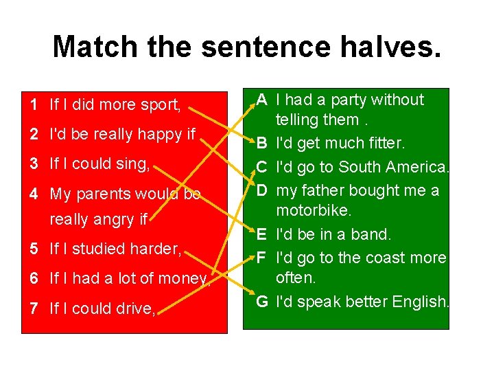 Match the sentence halves. 1 If I did more sport, 2 I'd be really